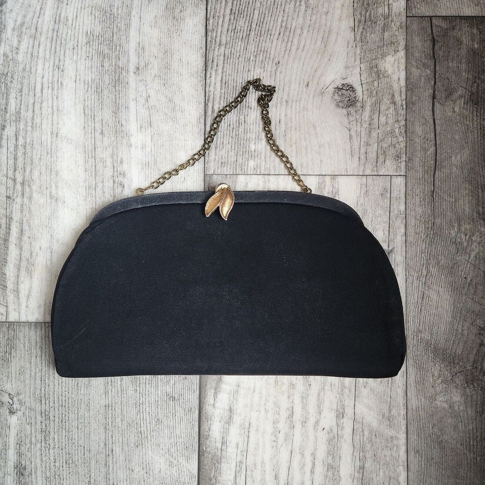 Vintage Women's Black‎ Evening Bag Clutch Purse Gold Tone Clasp Chain